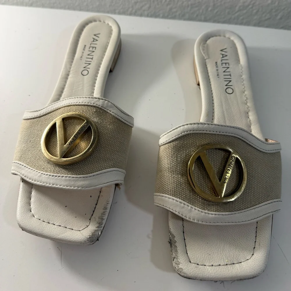 Valentino Black and Cream Slide Sandals with Gold Accent - Picture 3 of 4